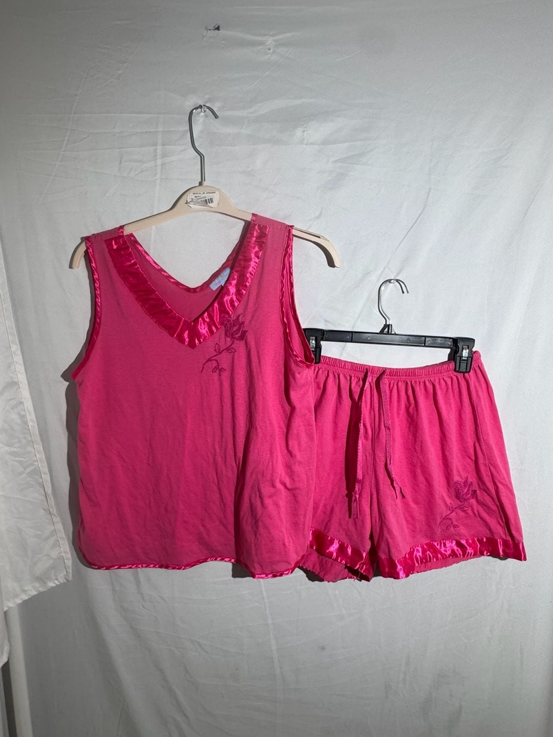 Dream Crest Vintage Pink Pajama Set Womens XL Satin Trim Floral Tank Shorts Cami 1