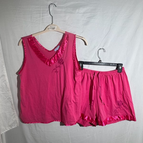 ⁠Dream Crest Vintage Pink Pajama Set Womens XL Satin Trim Floral Tank Shorts Cami⁠