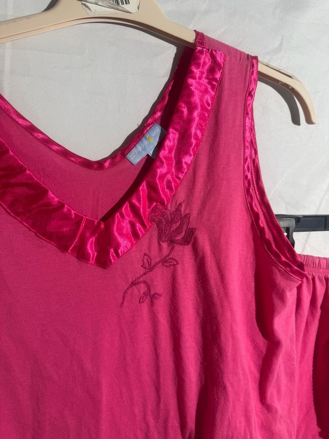 Dream Crest Vintage Pink Pajama Set Womens XL Satin Trim Floral Tank Shorts Cami 3