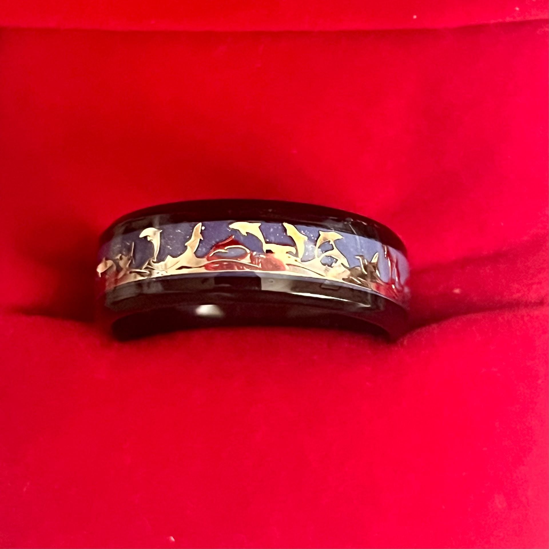 Dolphin Enamel Black Titanium Steel 6mm Band Ring Size 13 2