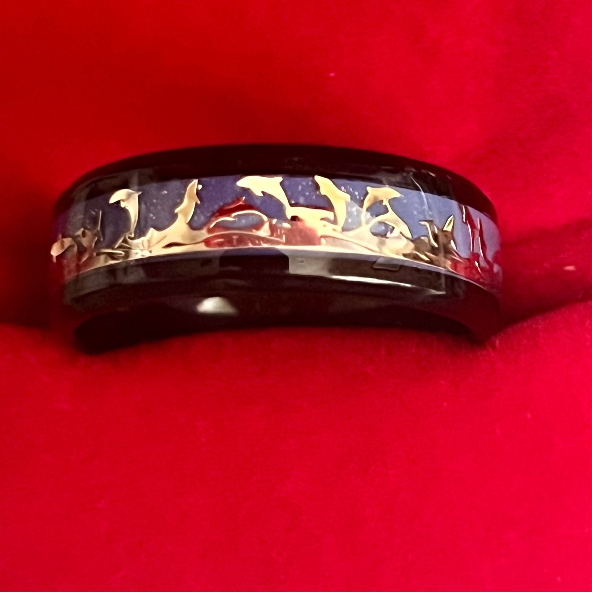 Dolphin Enamel Black Titanium Steel 6mm Band Ring Size 13 3