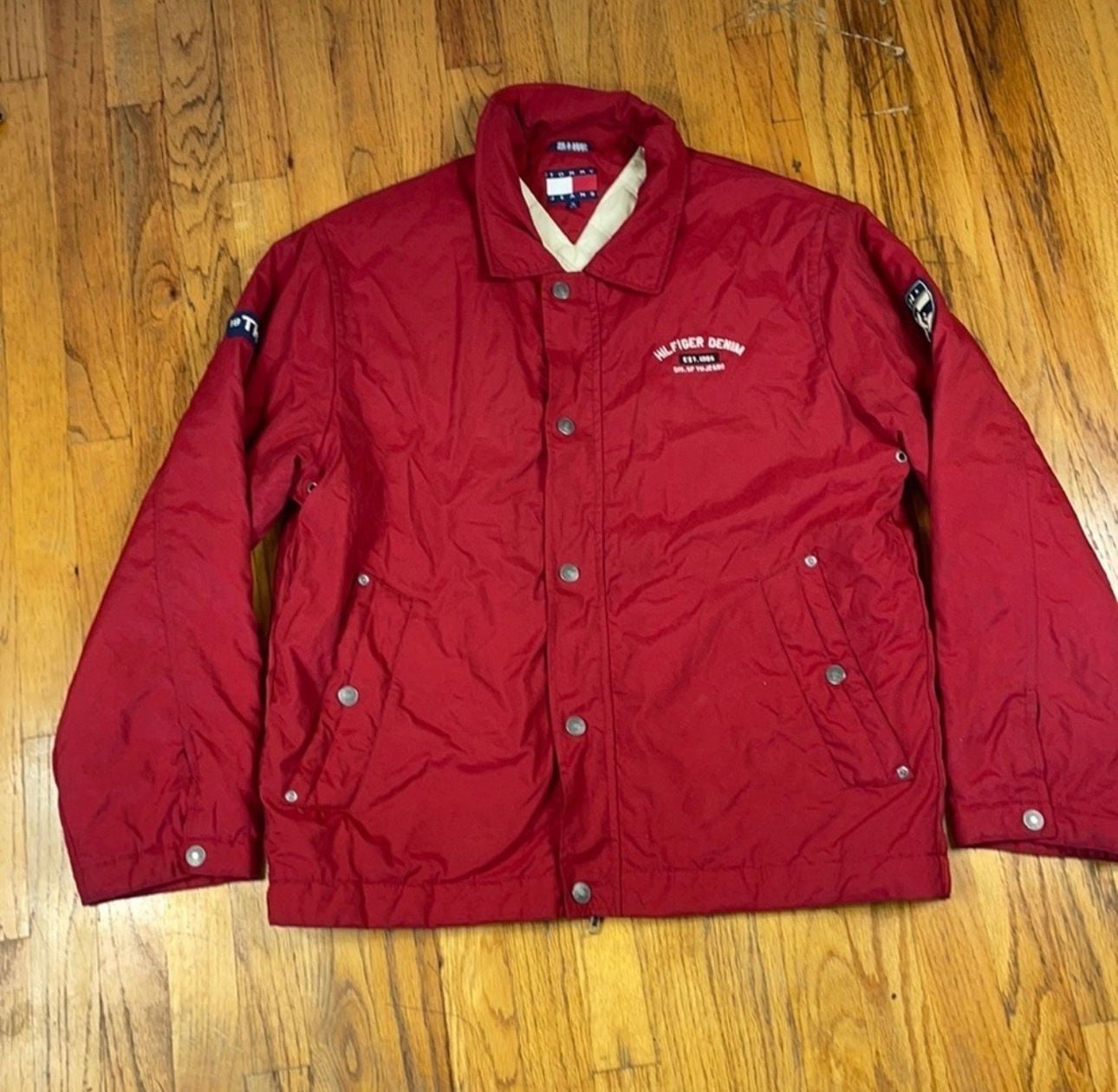 Tommy Jeans Hilfiger Denim Red Jacket Embroidered Jacket Size M 2