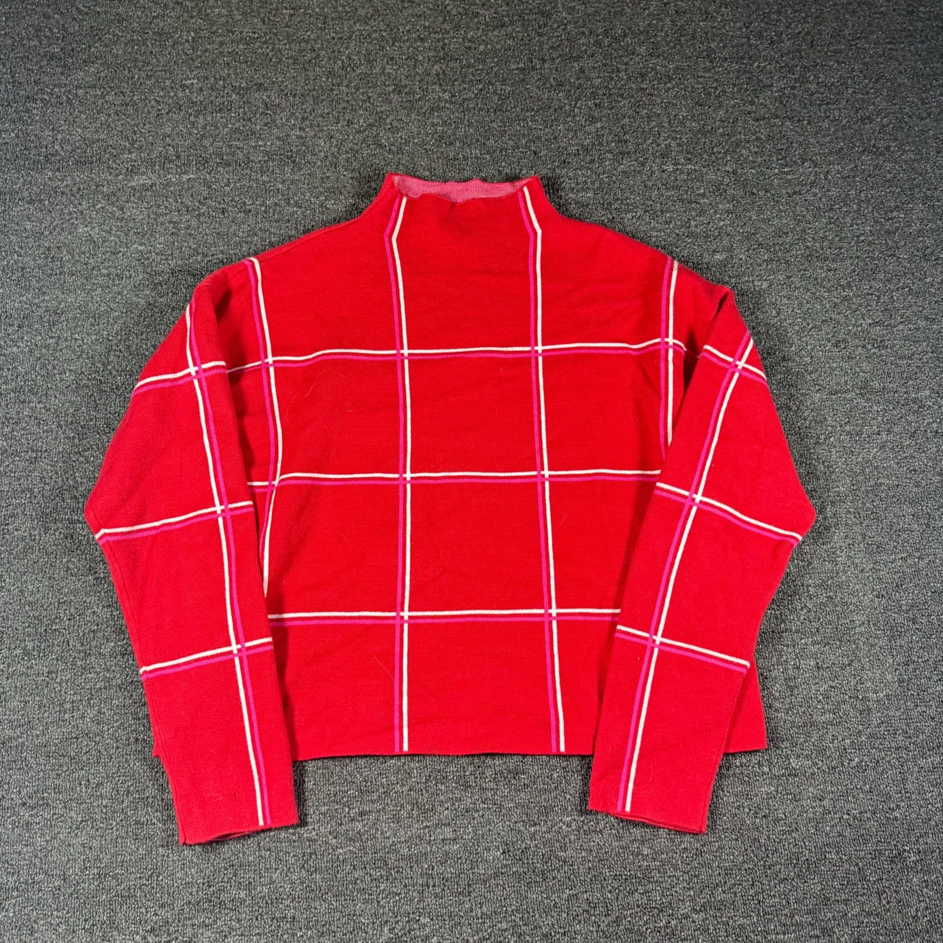 Tahari Mock Turtleneck Sweater Size XL Red White Pink Plaid Grid 2