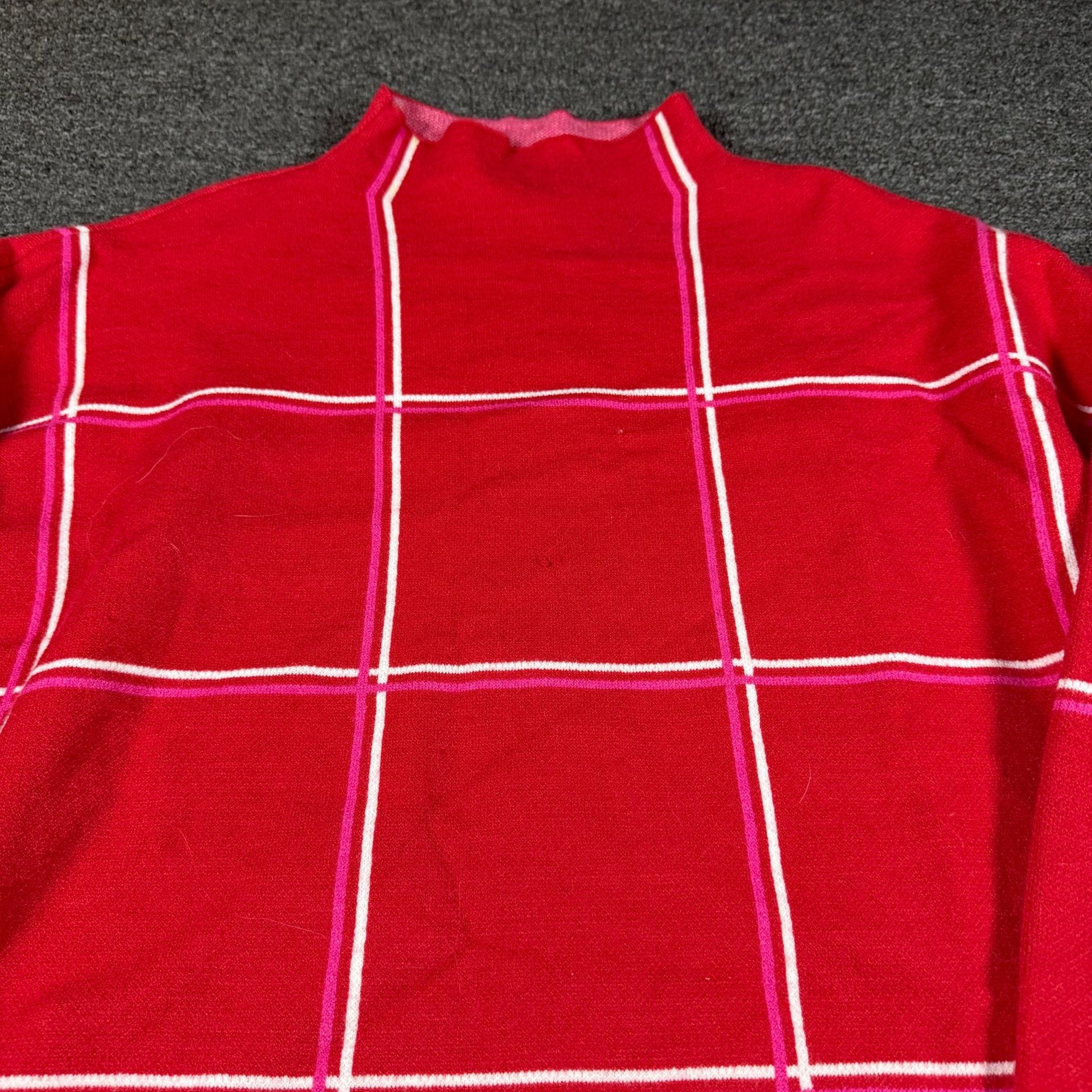 Tahari Mock Turtleneck Sweater Size XL Red White Pink Plaid Grid 3