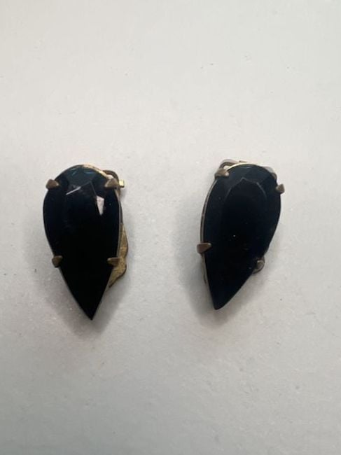 Czechoslovakia Gold Plated Black Onyx Teardrop Clip Earrings 2