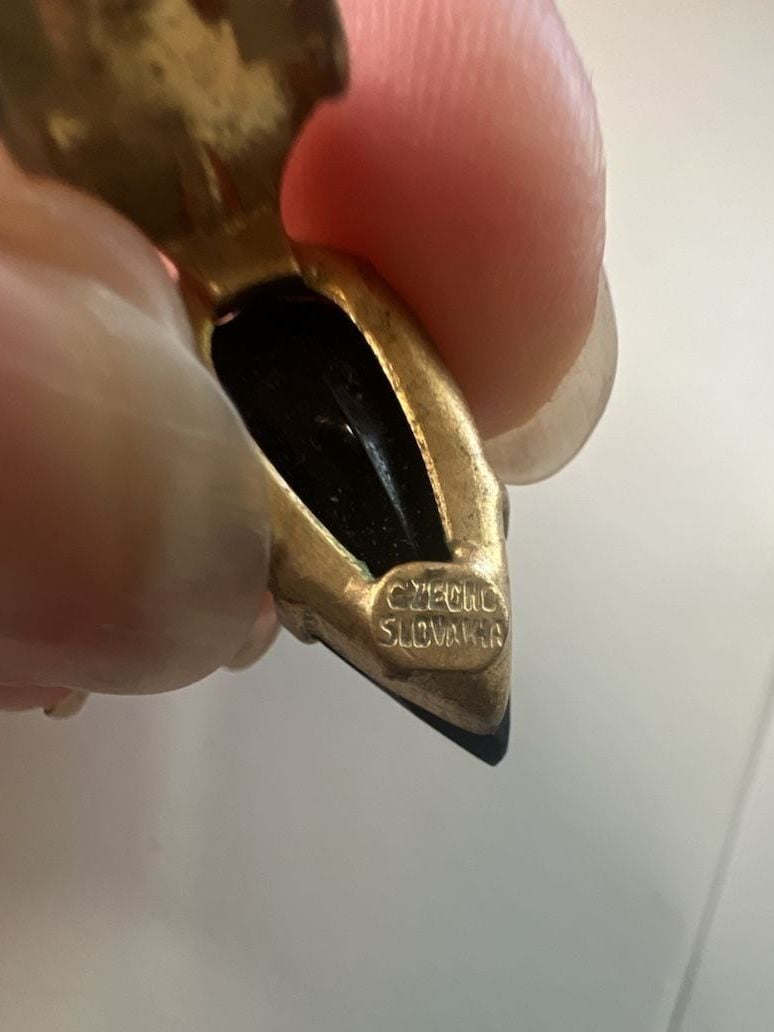 Czechoslovakia Gold Plated Black Onyx Teardrop Clip Earrings 4