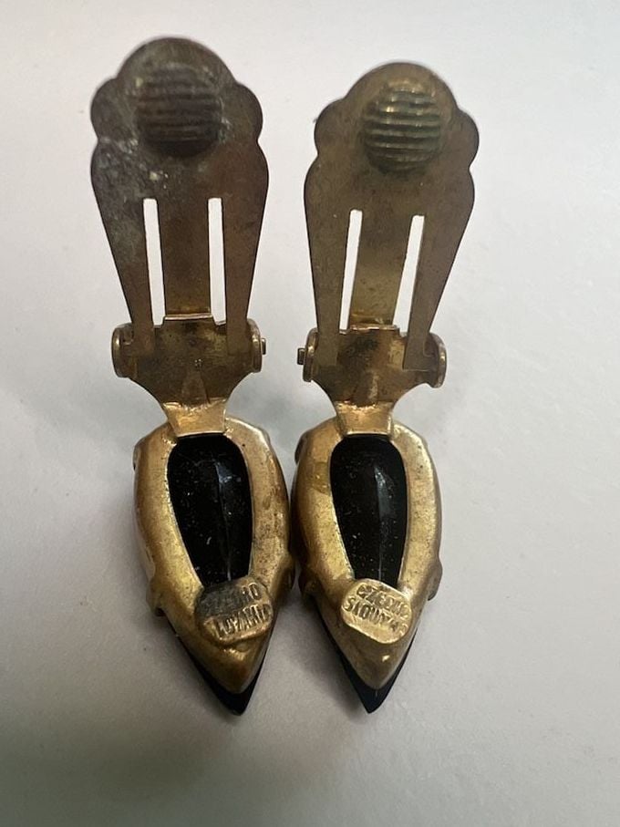 Czechoslovakia Gold Plated Black Onyx Teardrop Clip Earrings 6