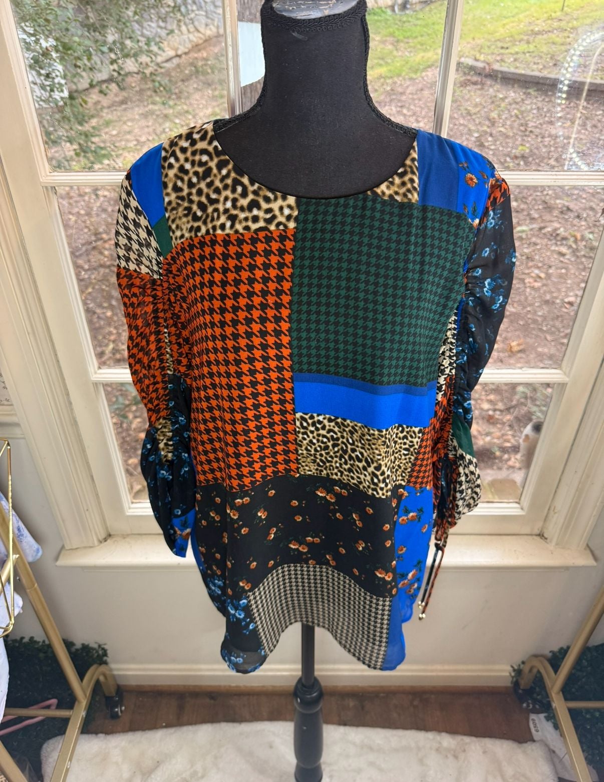Calvin Klein Blouse Size L Multicolor Patchwork Houndstooth Floral 2
