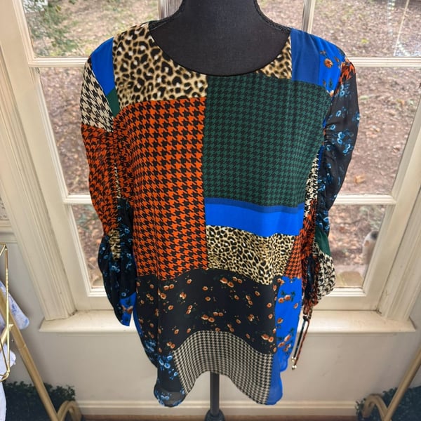 Calvin Klein Blouse Size L Multicolor Patchwork Houndstooth Floral