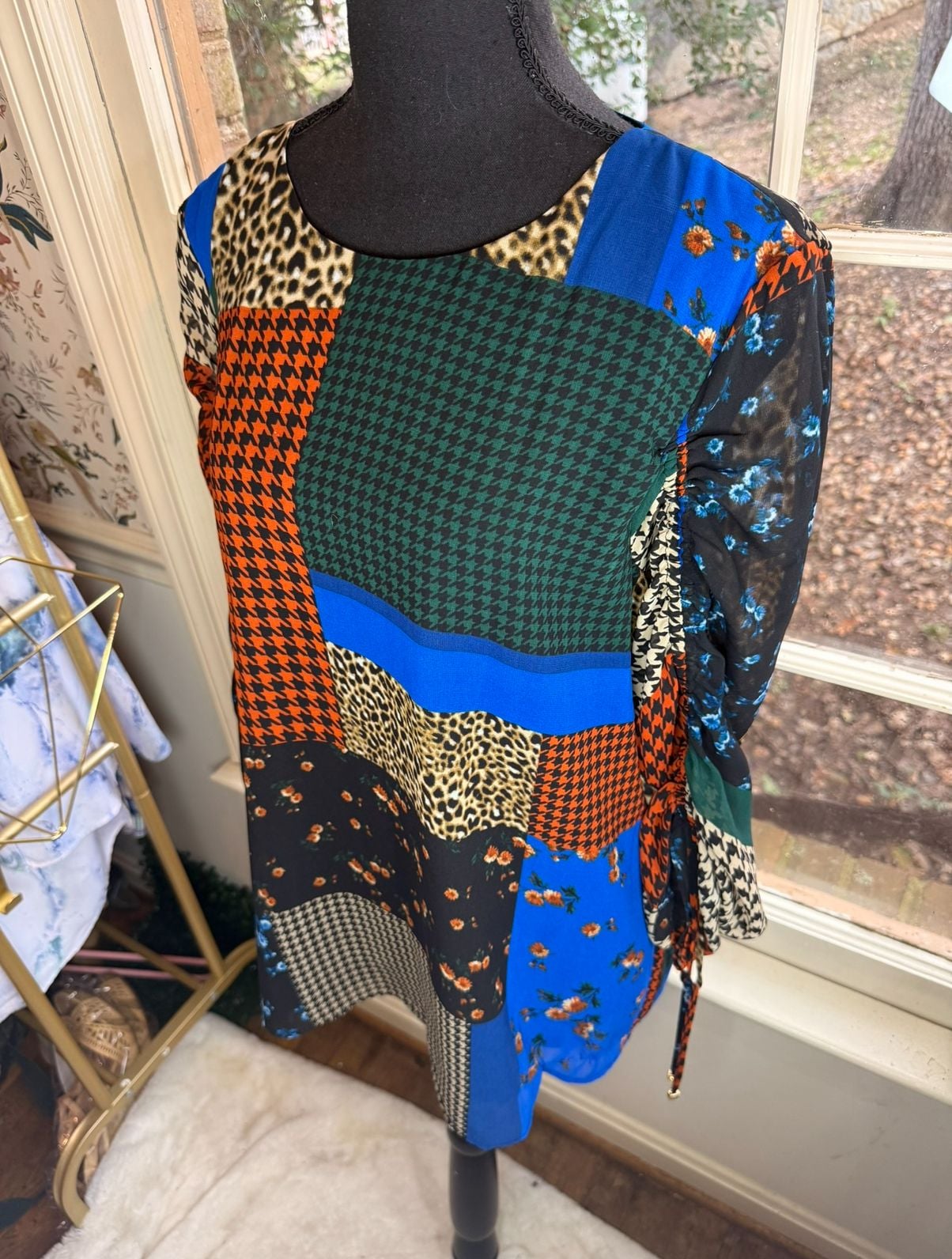 Calvin Klein Blouse Size L Multicolor Patchwork Houndstooth Floral 3