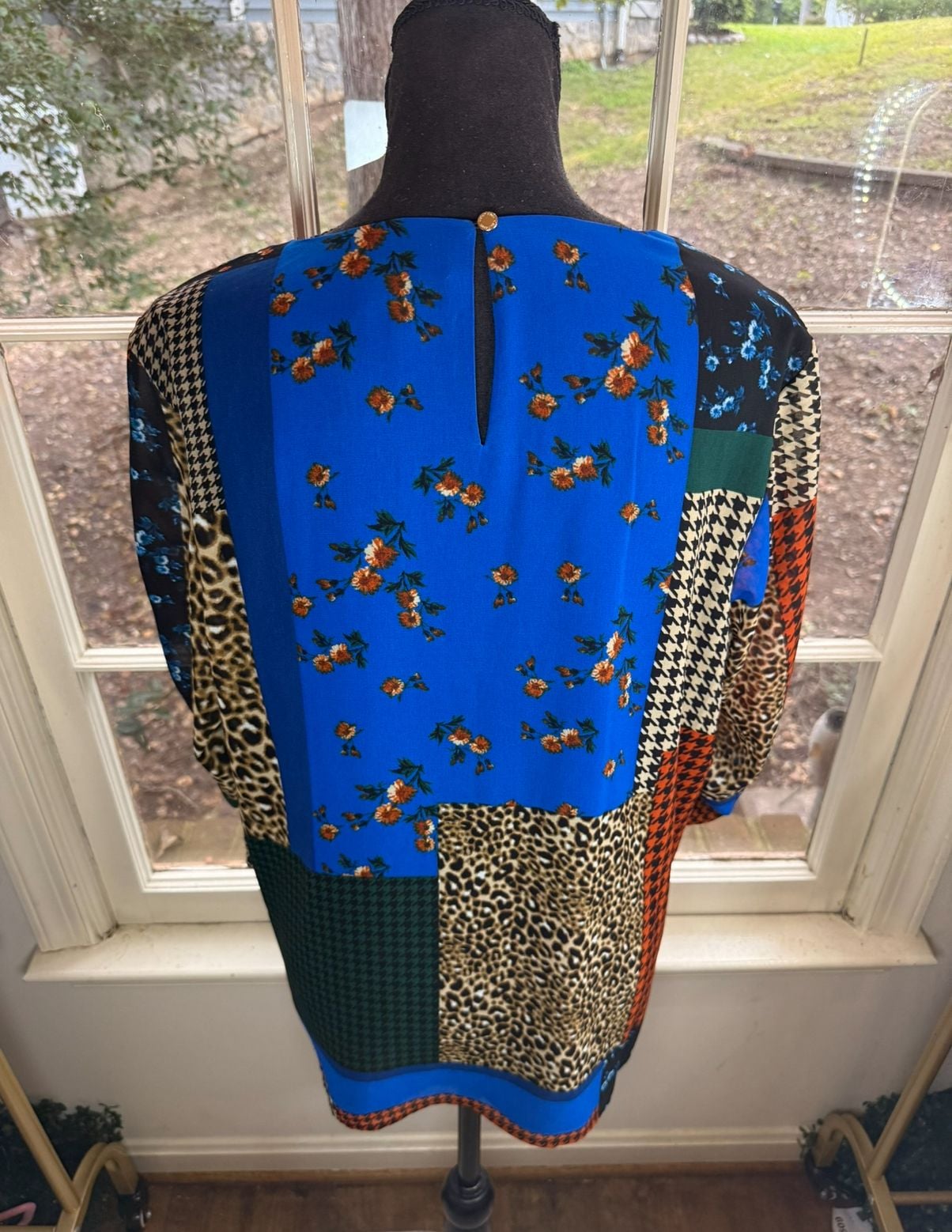 Calvin Klein Blouse Size L Multicolor Patchwork Houndstooth Floral 6