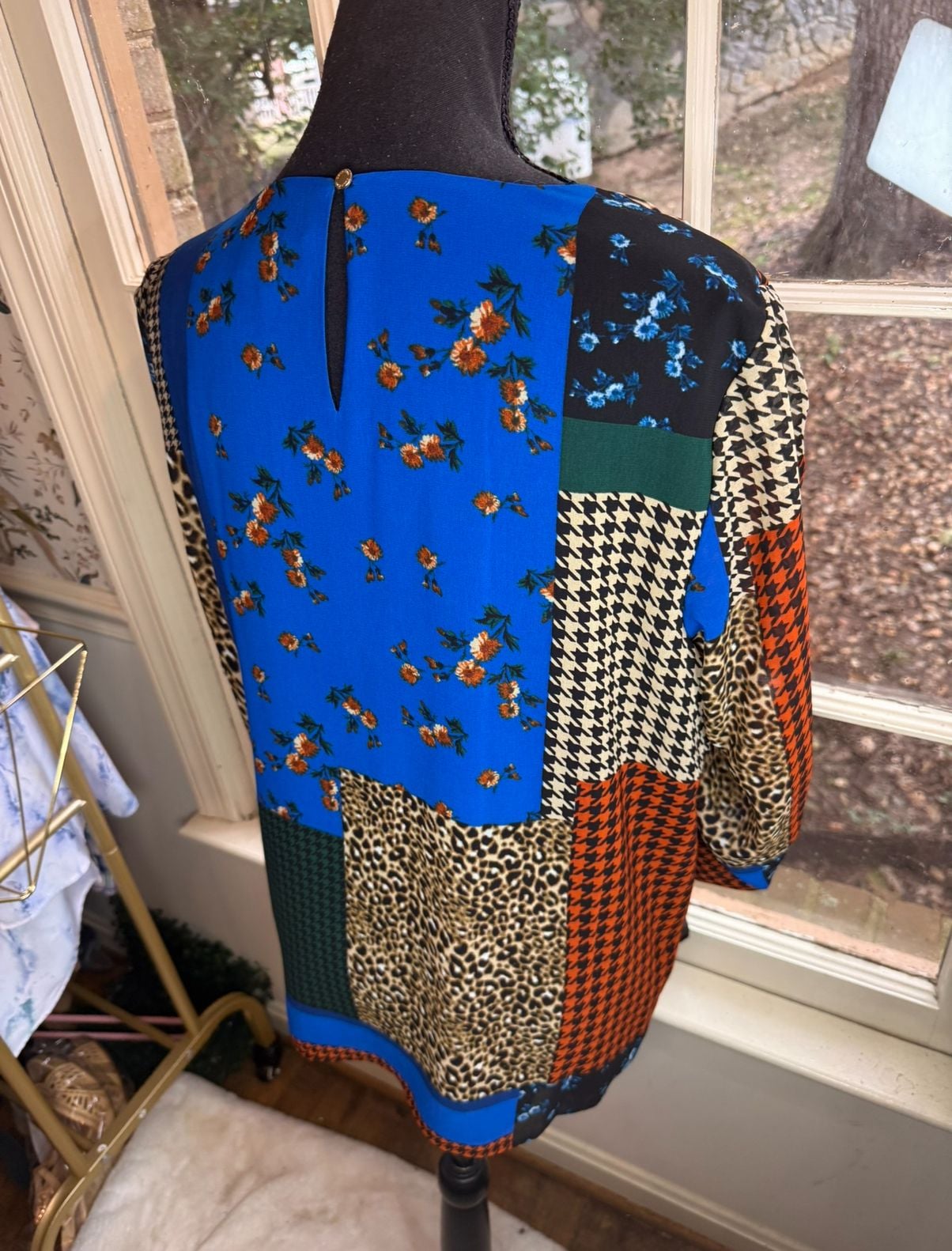 Calvin Klein Blouse Size L Multicolor Patchwork Houndstooth Floral 8