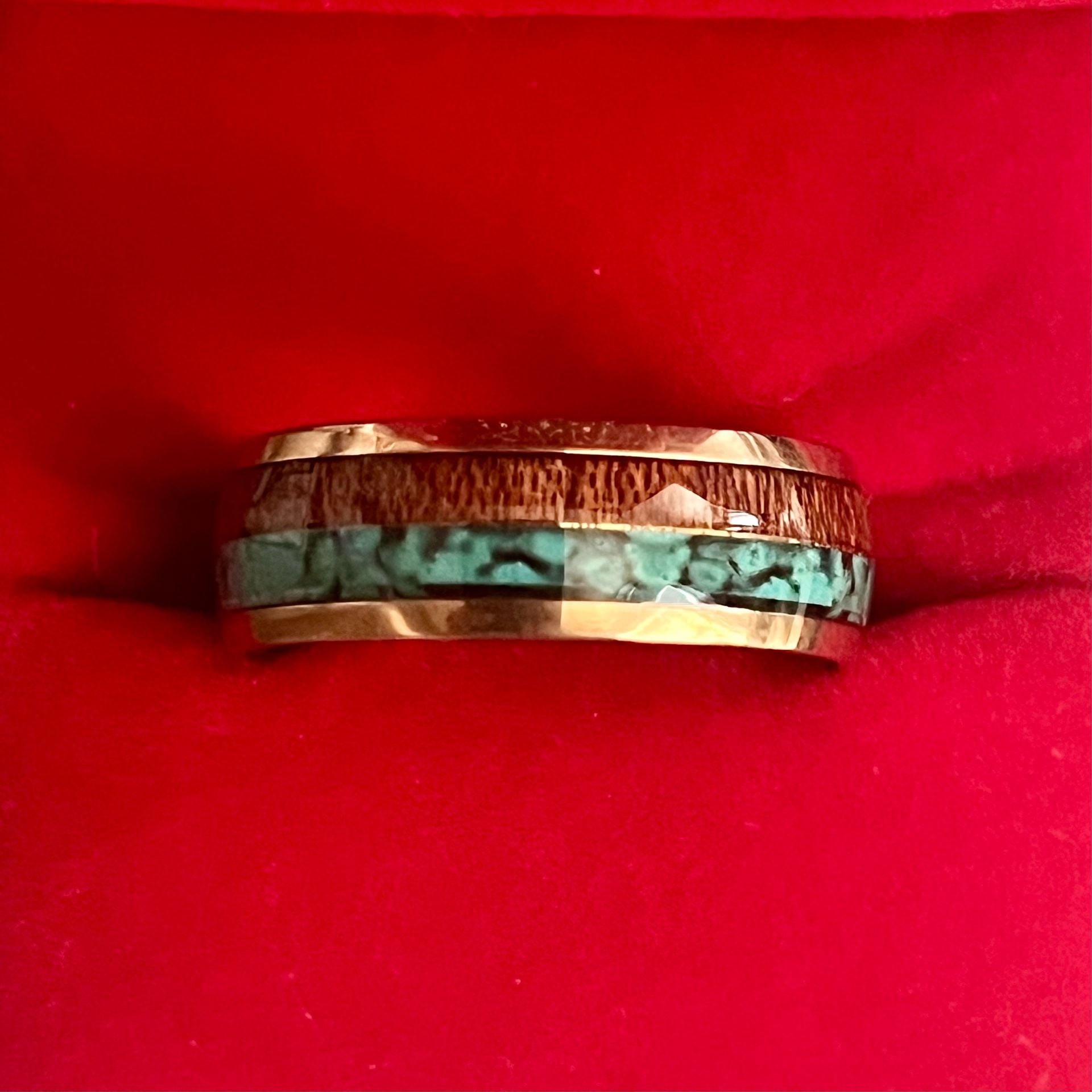 Tungsten Rose Gold Koa Wood & Turquoise Inlay 6mm Ring Size 12 1