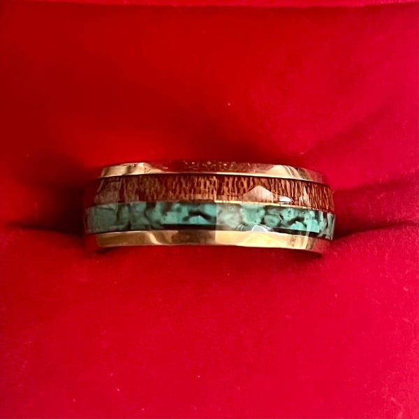 Tungsten Rose Gold Koa Wood & Turquoise Inlay 6mm Ring Size 12