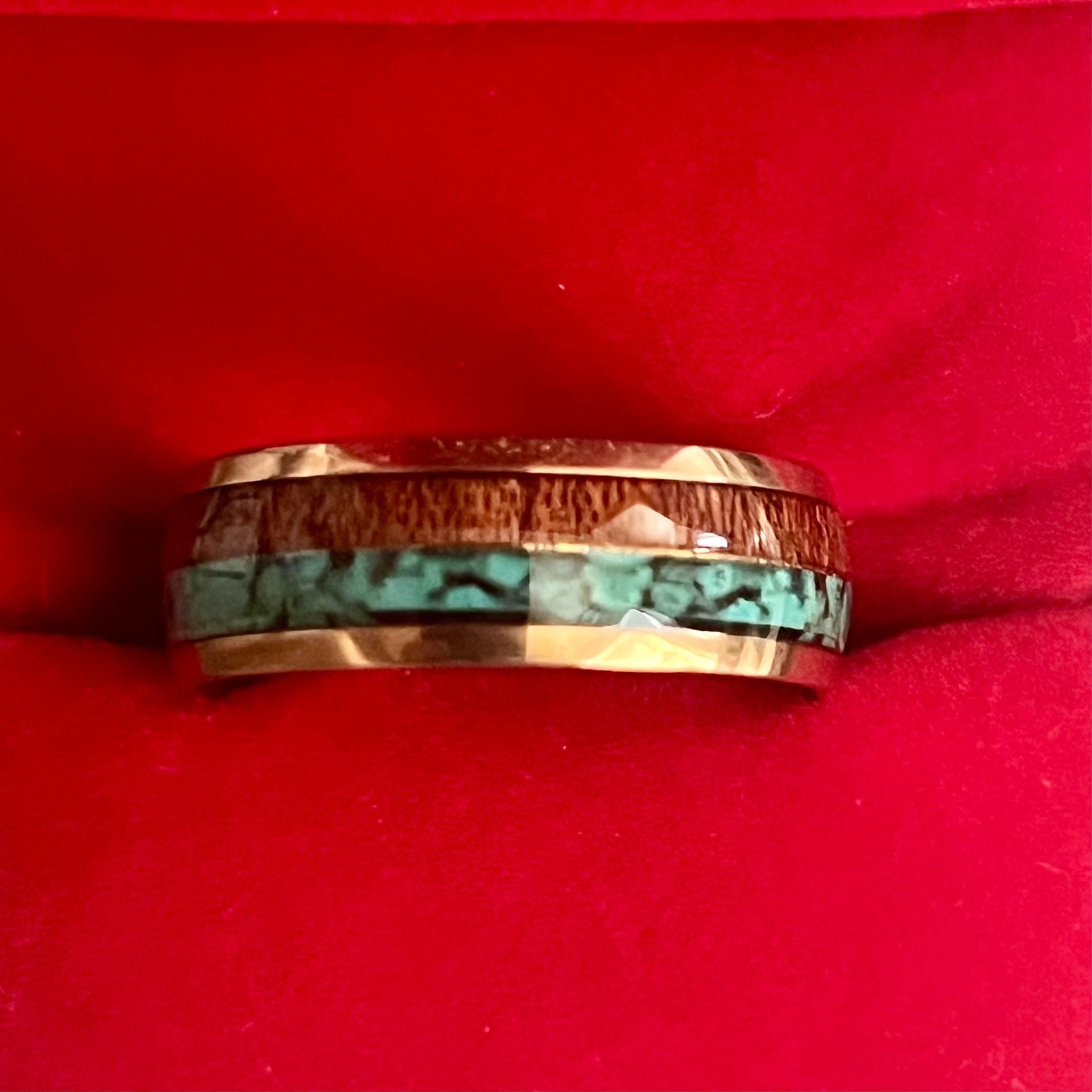 Tungsten Rose Gold Koa Wood & Turquoise Inlay 6mm Ring Size 12 2