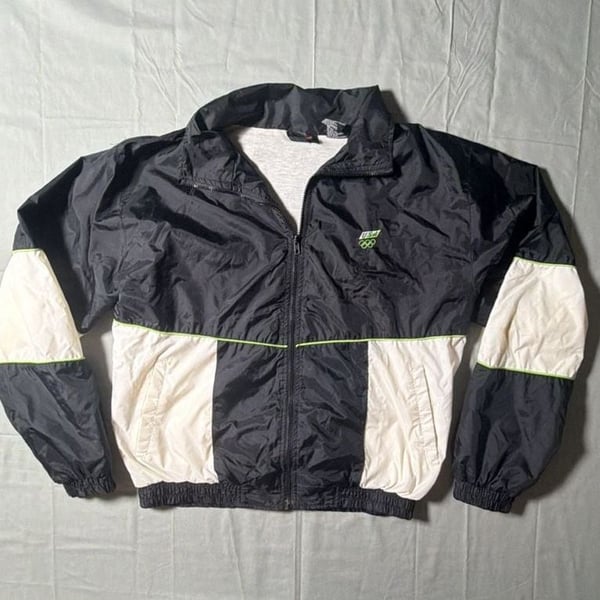 US Olympic Windbreaker Jacket M Black White Green Vintage JCPenney