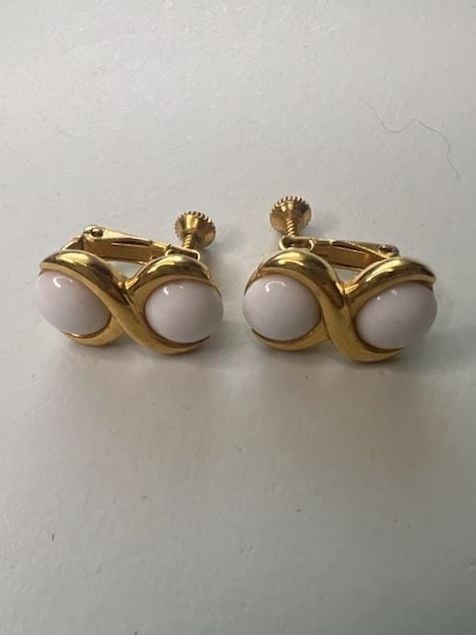Napier Goldtone White Cabochon Infinity Clip Earrings 2