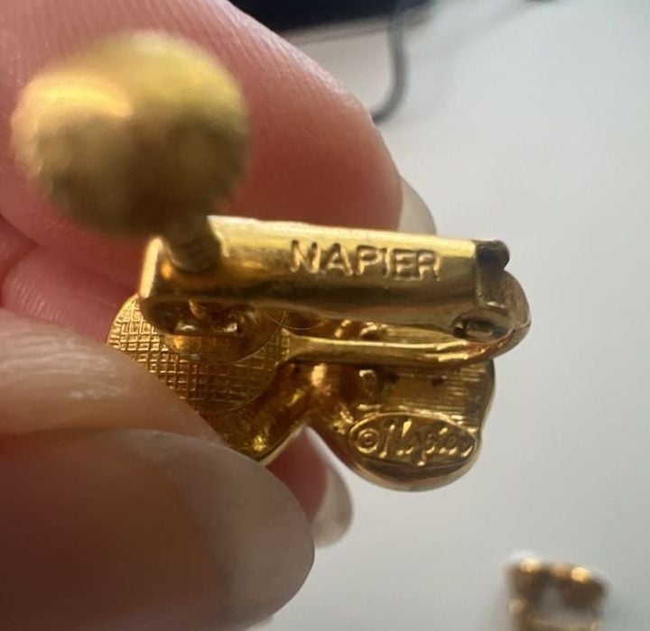 Napier Goldtone White Cabochon Infinity Clip Earrings 4