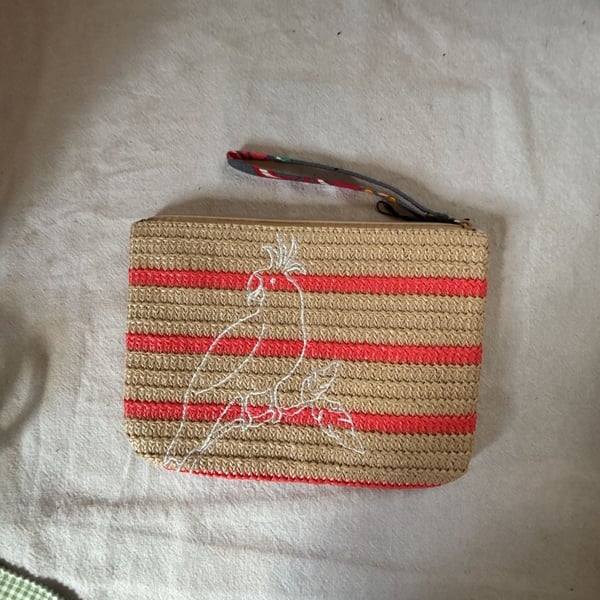 Vera Bradley Coastal Paradise Straw Wristlet Pouch Parrot Embroidered