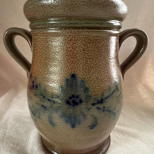 Rowe Pottery Works Stoneware Crock Jug with Lid 2006 Blue Floral