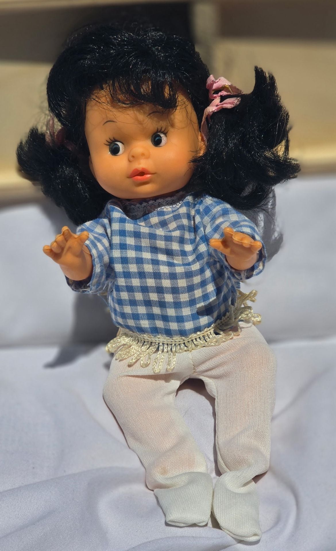 Vintage Vinyl Baby Doll With Black Hair Blue Gingham Shirt And White Tights 1