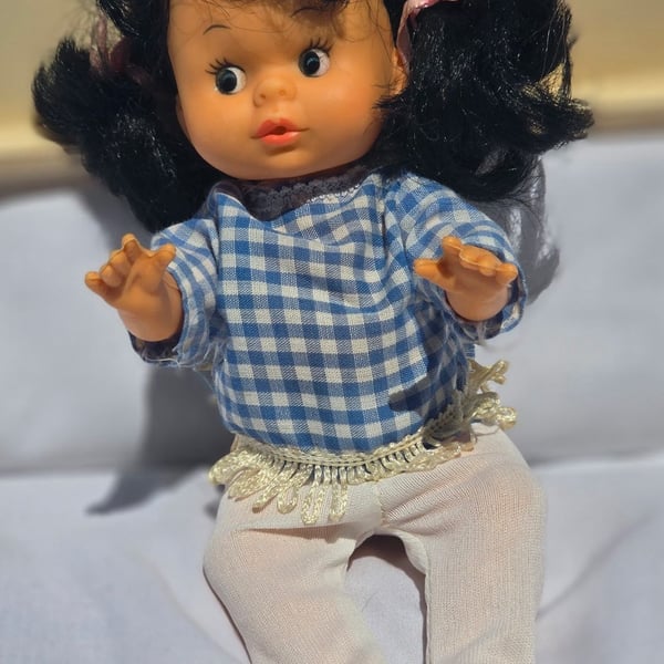 Vintage Vinyl Baby Doll With Black Hair Blue Gingham Shirt And White Tights