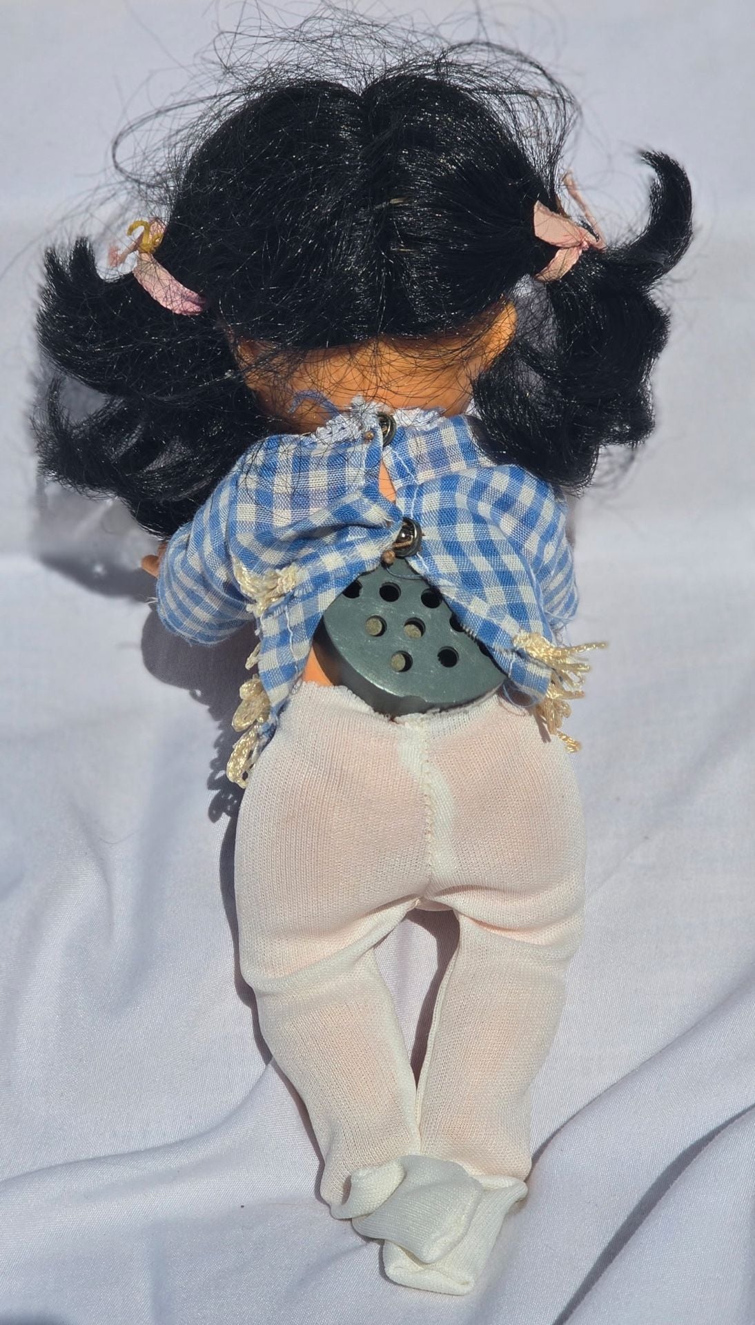 Vintage Vinyl Baby Doll With Black Hair Blue Gingham Shirt And White Tights 2
