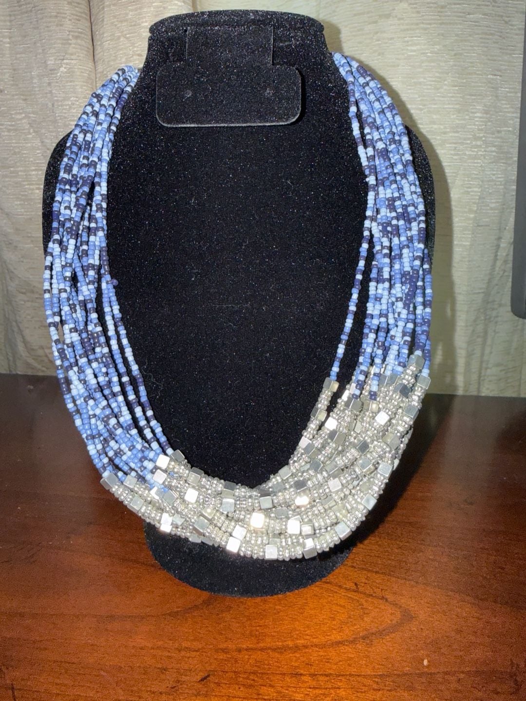 Vintage Multi Strand Blue Seed Bead Silver Tone Necklace 2