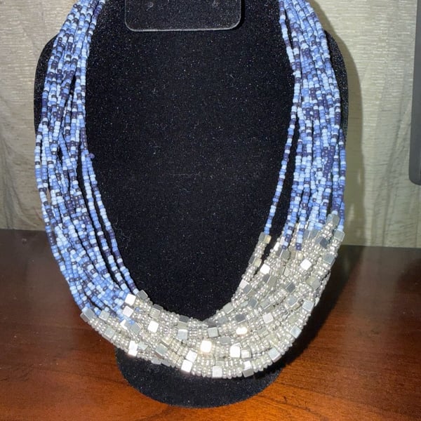 Vintage Multi Strand Blue Seed Bead Silver Tone Necklace