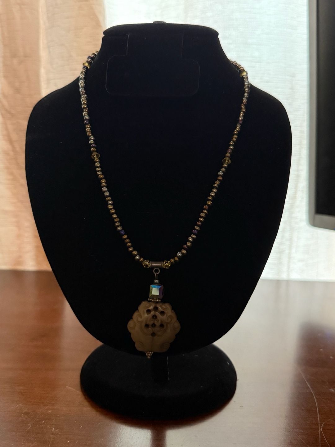 Vintage Handmade Beaded Necklace With Carved Stone Pendant 2