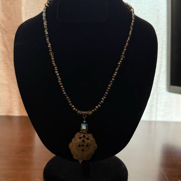 Vintage Handmade Beaded Necklace With Carved Stone Pendant