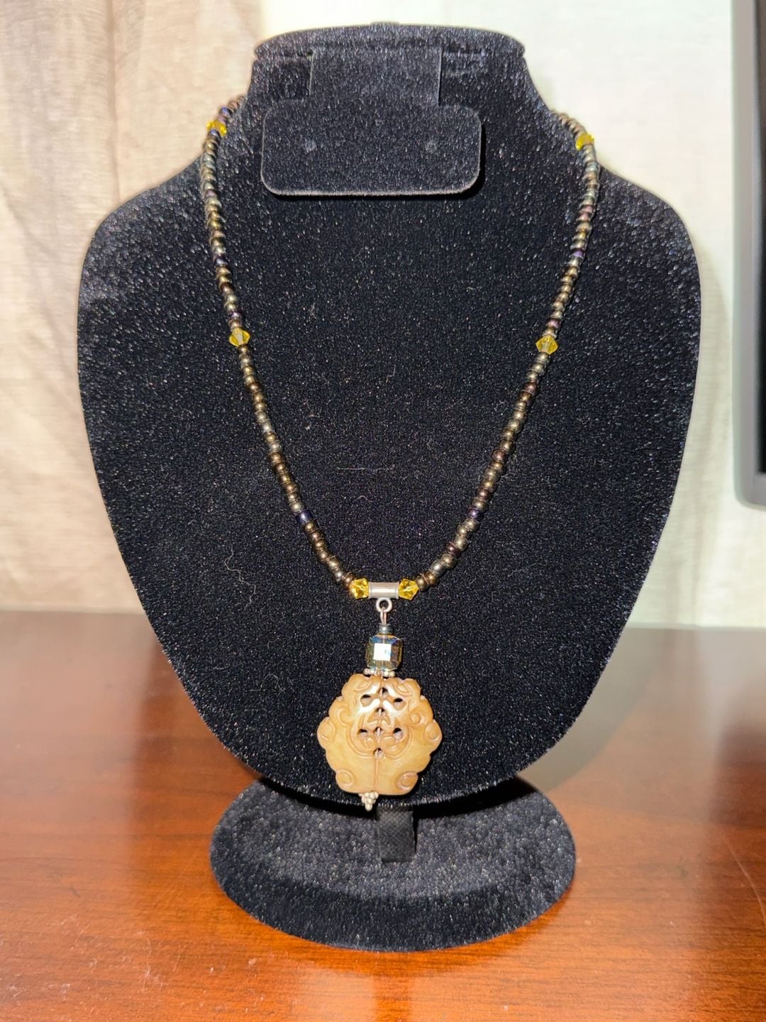Vintage Handmade Beaded Necklace With Carved Stone Pendant 3