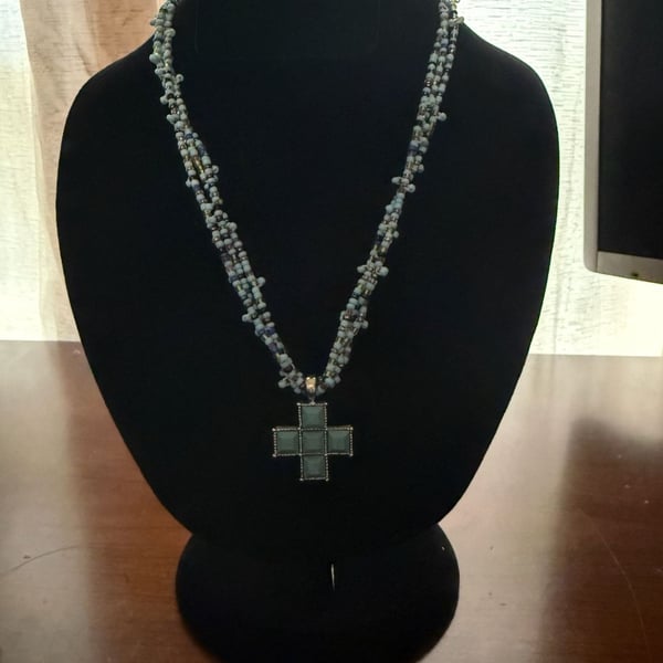 Vintage Style Southwestern Turquoise Blue Cross Multi-Strand Beaded Necklace