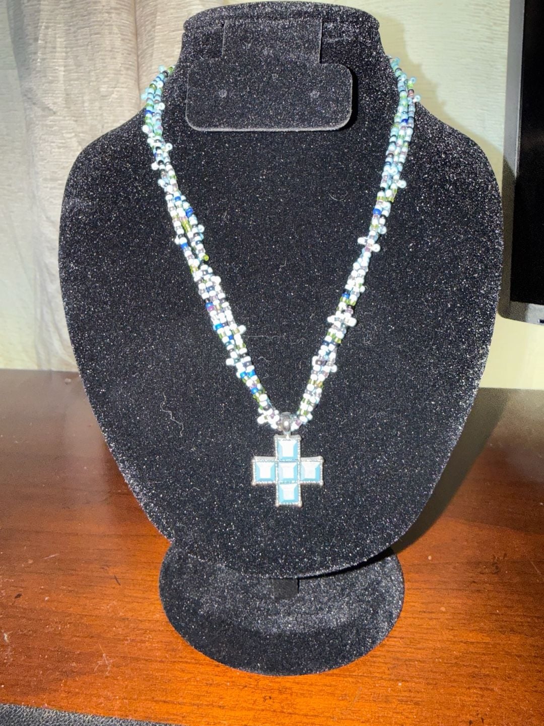 Vintage Style Southwestern Turquoise Blue Cross Multi-Strand Beaded Necklace 3