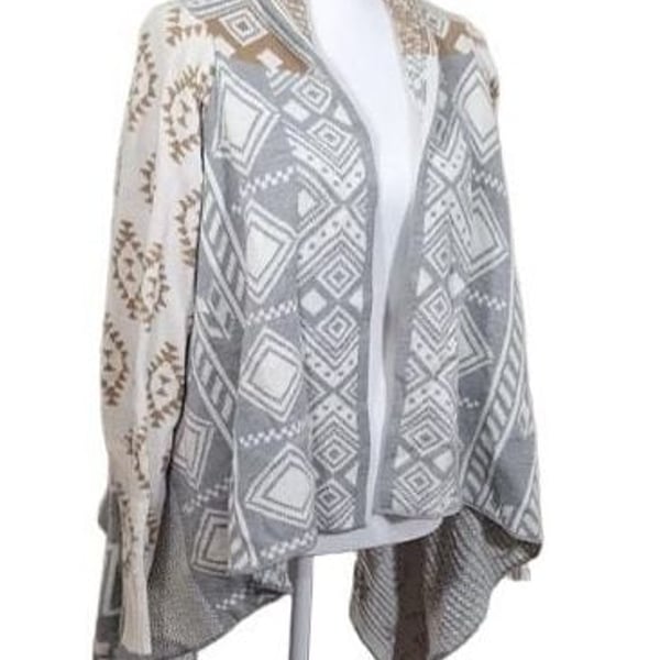 Hippie Rose Open Front Cardigan Sweater XL Grey Tan Southwestern Aztec Draped