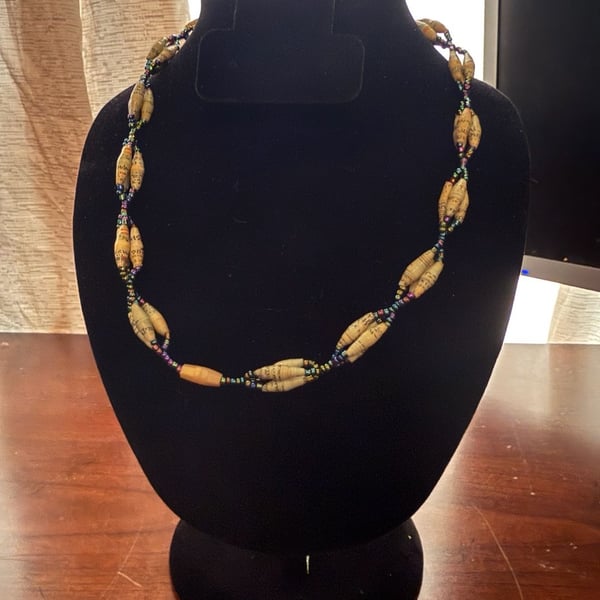 Handmade Recycled Rolled Paper Bead Seed Beaded Necklace Boho