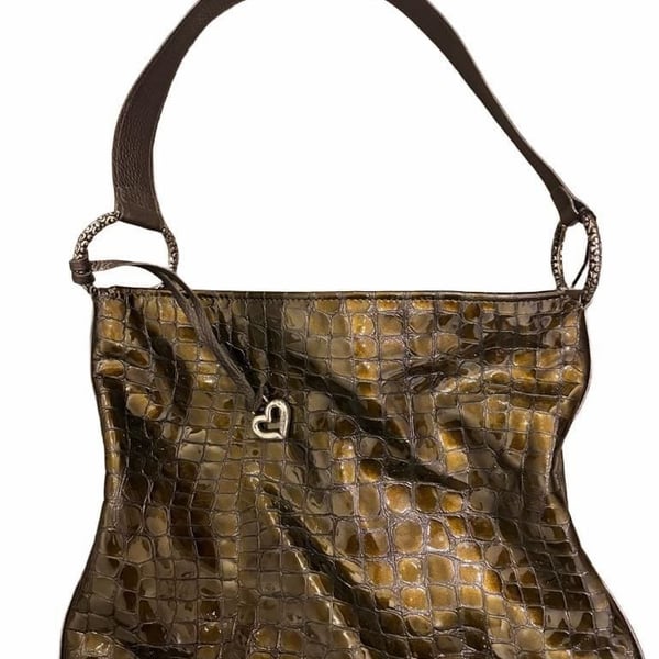 Brighton Croc Embossed Patent Leather Shoulder Bag Bronze