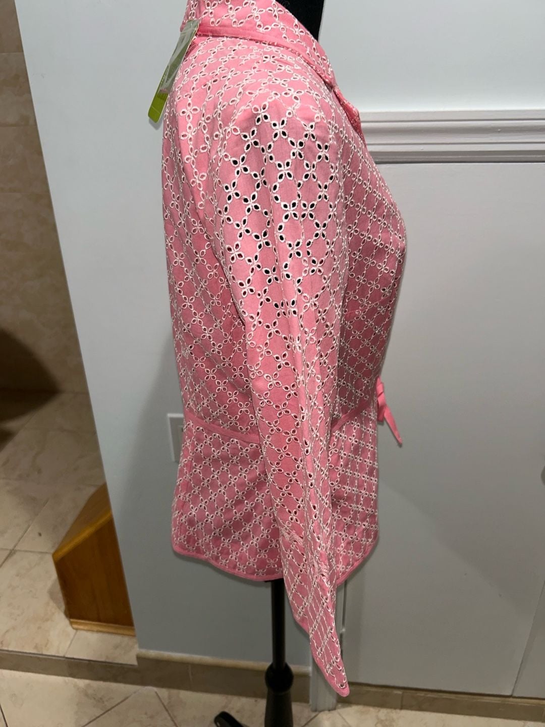 Sigrid Olsen Blazer Jacket Size 10 Pink White Eyelet Cotton Tie Waist 2