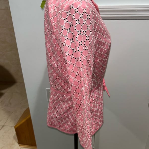 Sigrid Olsen Blazer Jacket Size 10 Pink White Eyelet Cotton Tie Waist