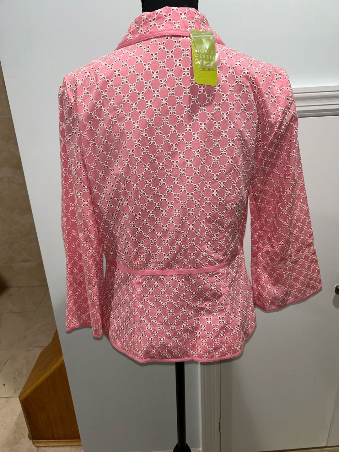 Sigrid Olsen Blazer Jacket Size 10 Pink White Eyelet Cotton Tie Waist 3