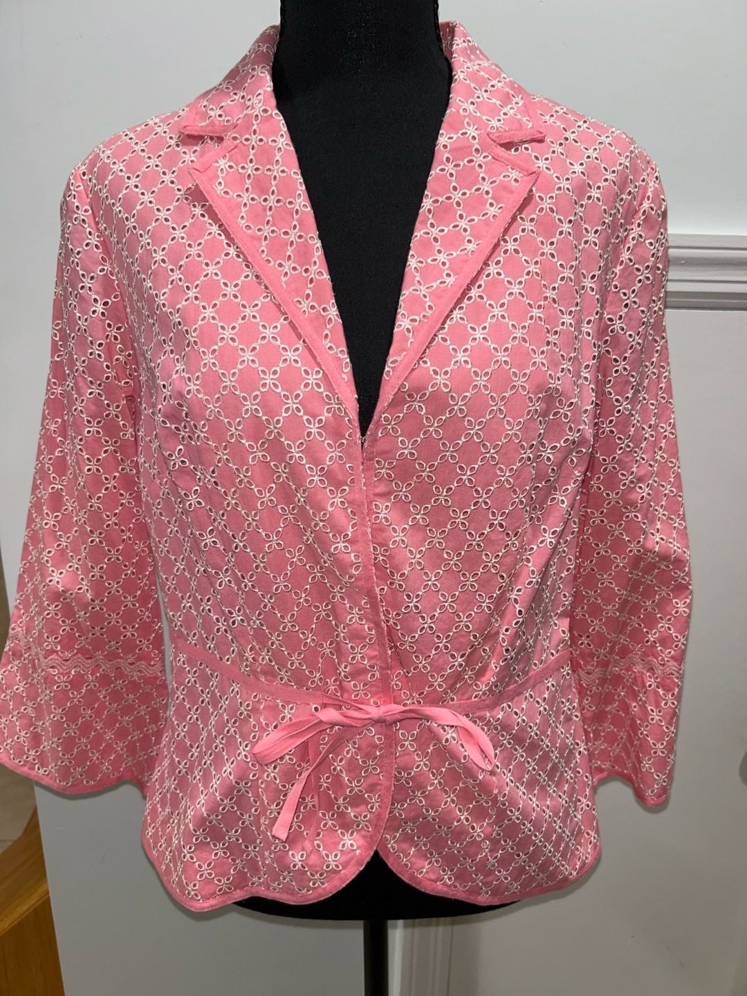 Sigrid Olsen Blazer Jacket Size 10 Pink White Eyelet Cotton Tie Waist 4