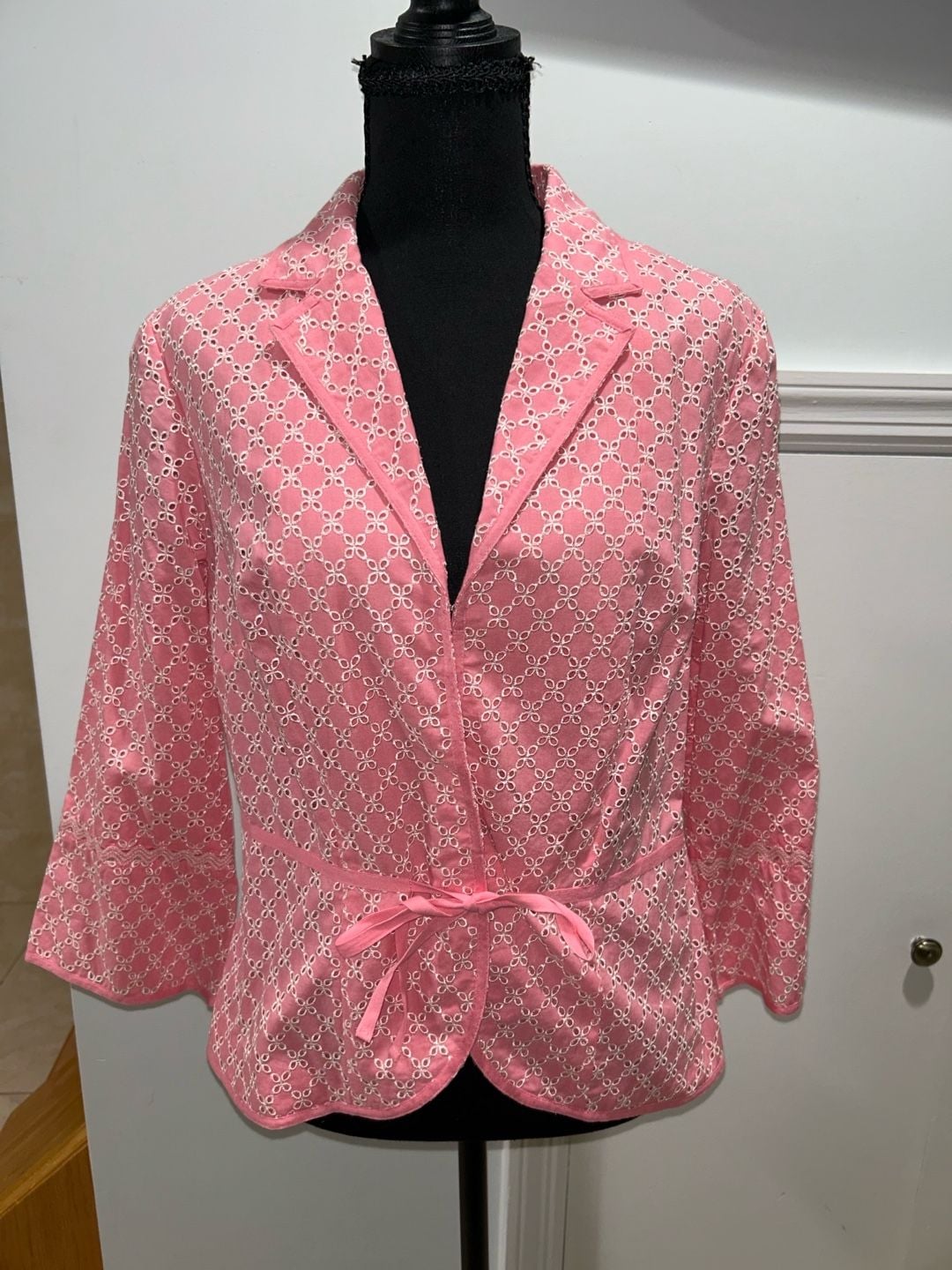 Sigrid Olsen Blazer Jacket Size 10 Pink White Eyelet Cotton Tie Waist 6