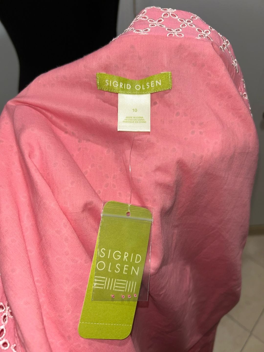 Sigrid Olsen Blazer Jacket Size 10 Pink White Eyelet Cotton Tie Waist 7