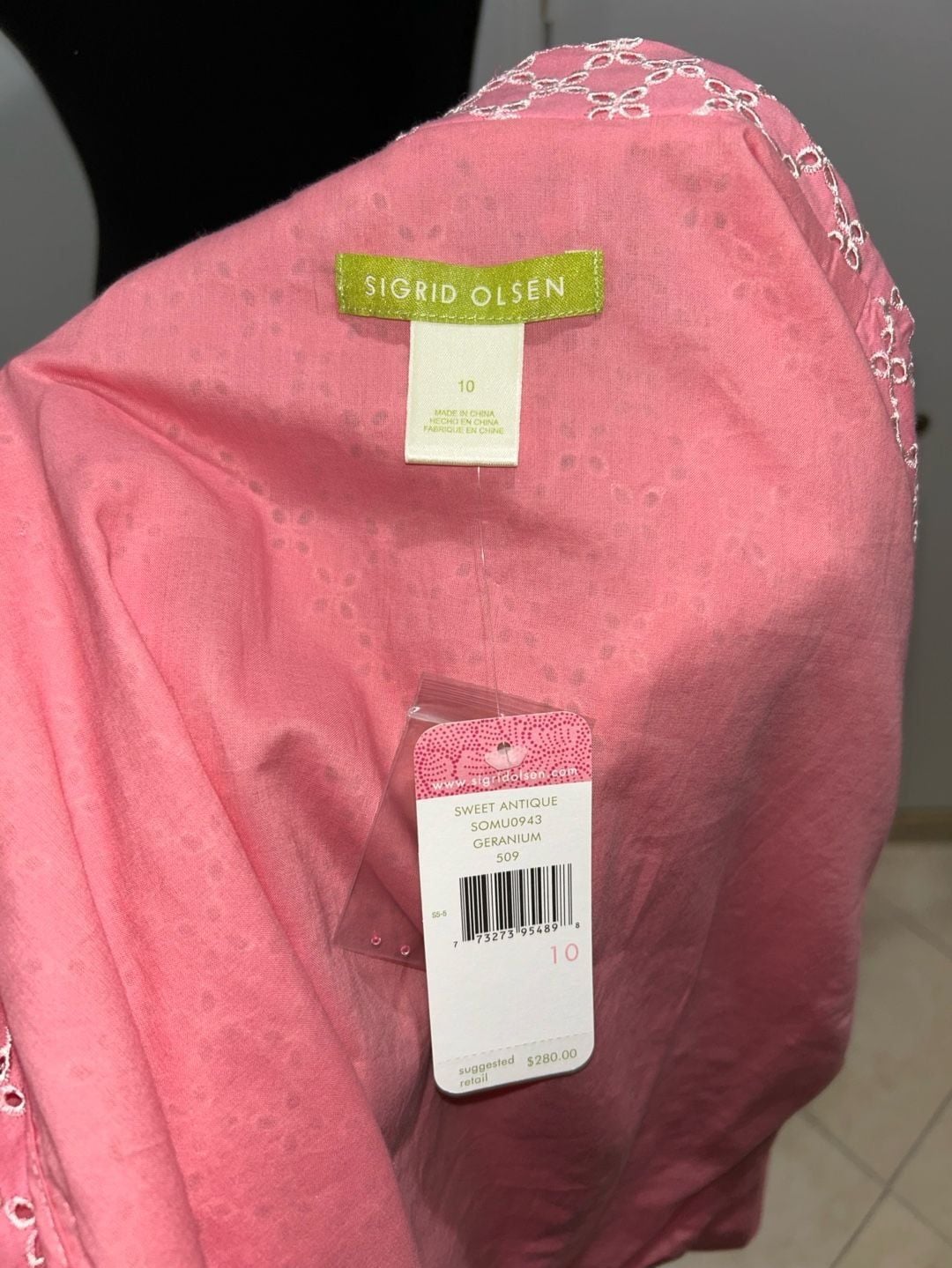 Sigrid Olsen Blazer Jacket Size 10 Pink White Eyelet Cotton Tie Waist 8