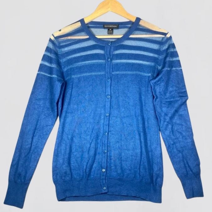 Karson & Taylor Blue Sheer Stripe Cardigan Size M 2