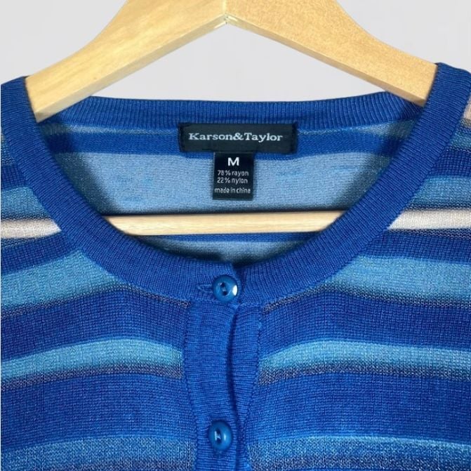 Karson & Taylor Blue Sheer Stripe Cardigan Size M 3