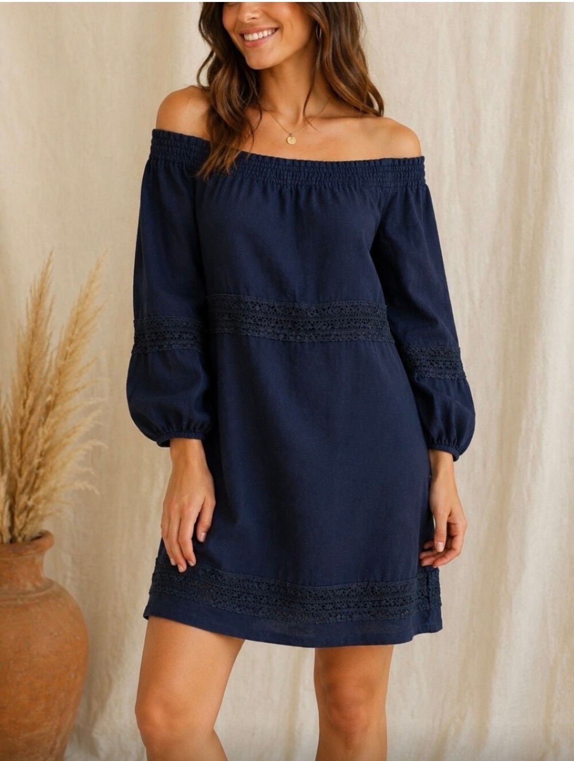 J.Jill Love Linen Dress Size M Petite Navy Smocked Off Shoulder 2