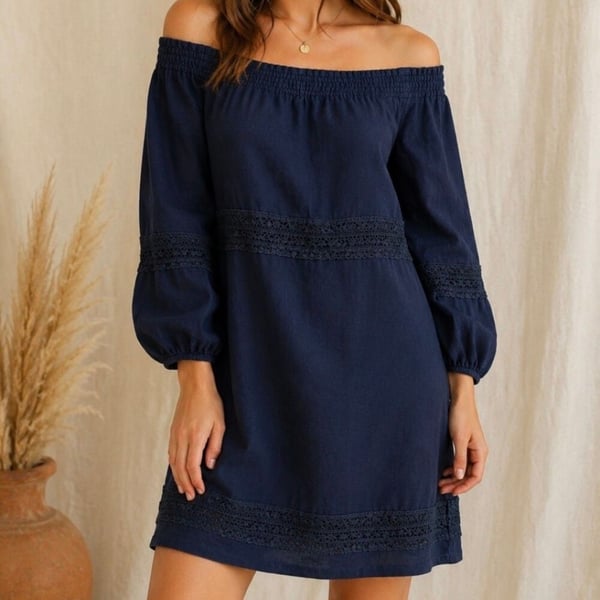 J.Jill Love Linen Dress Size M Petite Navy Smocked Off Shoulder