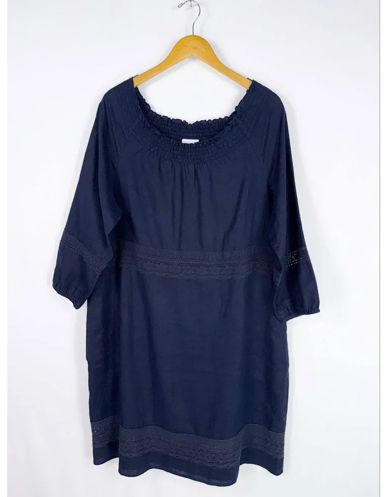 J.Jill Love Linen Dress Size M Petite Navy Smocked Off Shoulder 3
