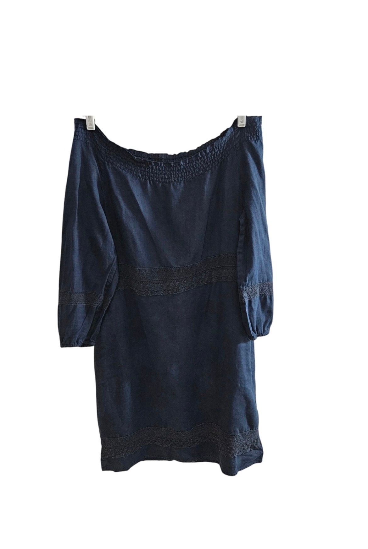 J.Jill Love Linen Dress Size M Petite Navy Smocked Off Shoulder 4